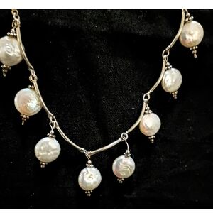 Silver Dangling Fresh Water Keshi Pearl 16.5" Necklace Curved Link Choker